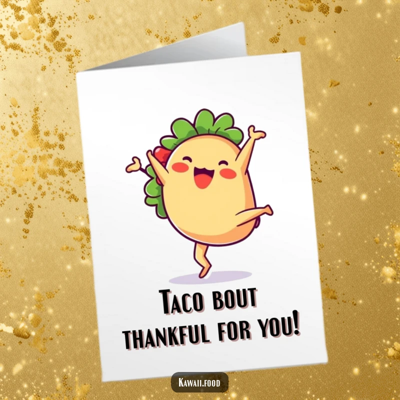 Funny Free Printable Thank You Card of a taco doing a joyful cartwheel, expressing thanks with playful energy.