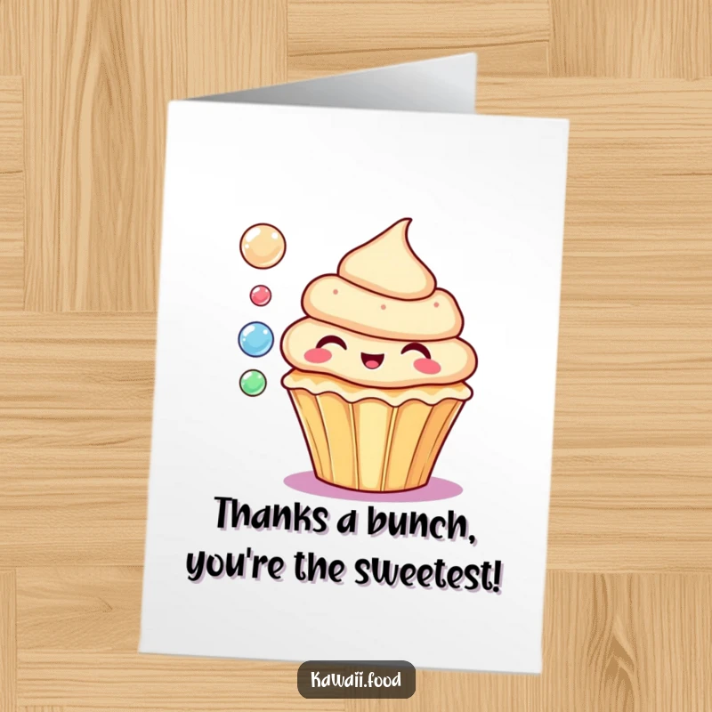 Funny free printable thank you card of a delighted cupcake blowing colorful bubbles to show thanks.