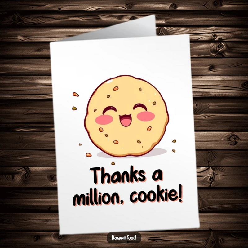 Funny Free Printable Cookie Thank You Card showing a blushing cookie scattering crumbs happily.