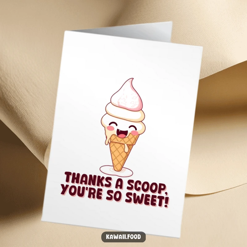 Funny free printable thank you card of a giggling ice cream cone melting and reforming with gratitude.