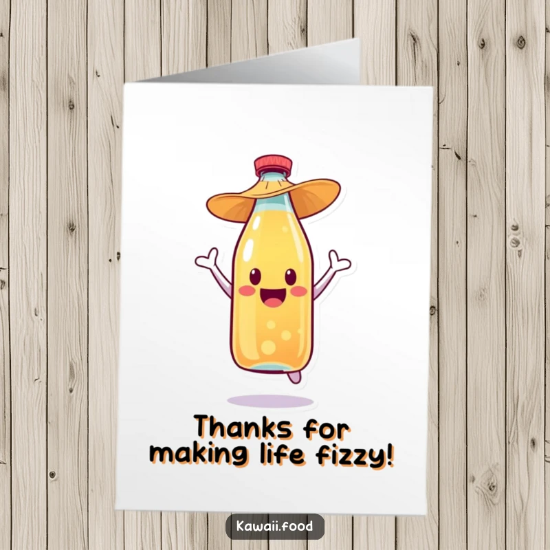 Funny Free Printable Thank You card depicting a bubbly soda bottle in a straw hat, leaping with thanks.