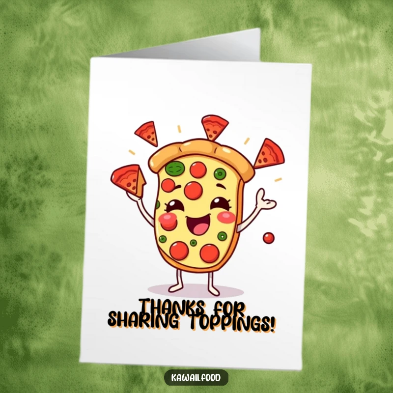 Funny Free Printable Thank You Card: A pizza slice character juggles pepperoni slices, offering thanks with a smile.