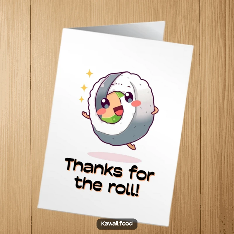 Funny free printable thank you card: A sushi roll character doing a cartwheel, a playful expression of thanks.