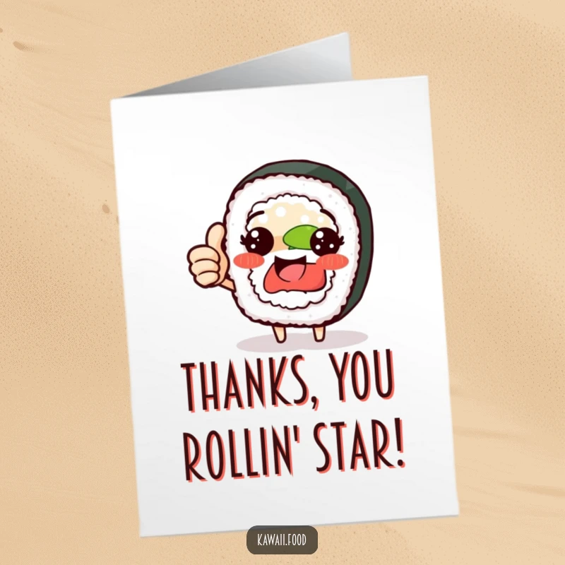 Funny Free Printable Thank You Card: Proud sushi roll character giving a thumbs up, expressing sincere thanks.