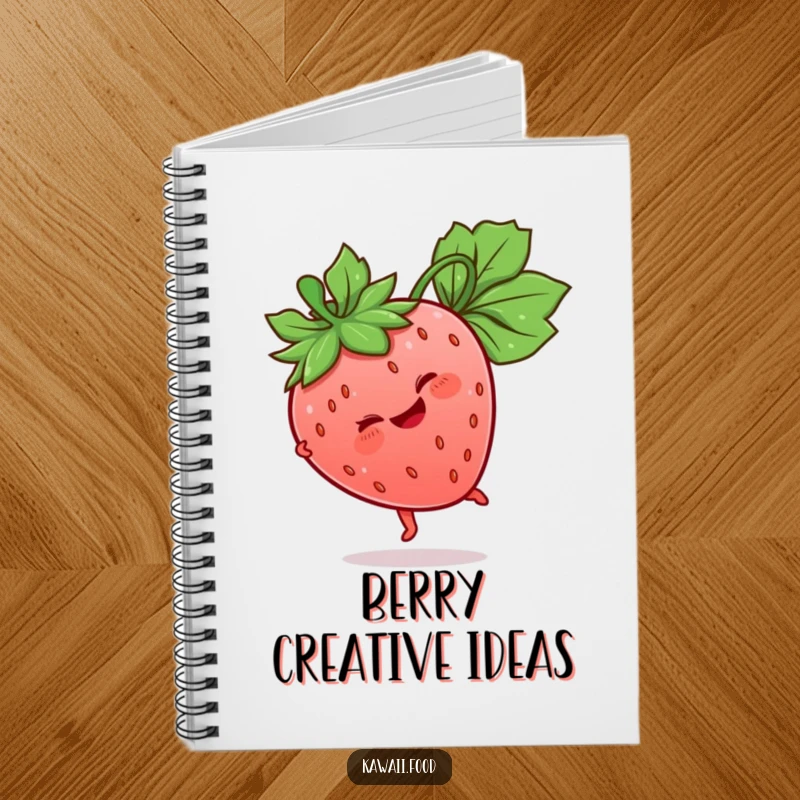 Funny Strawberry Notebook with a giggling strawberry character doing a cartwheel, its leaf stem adding a playful touch to note-taking.