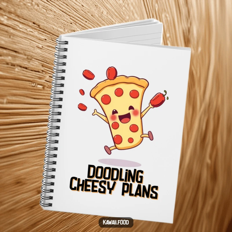Funny pizza slice character doing a cartwheel with pepperonis flying, featured on the cover of a lined notebook.