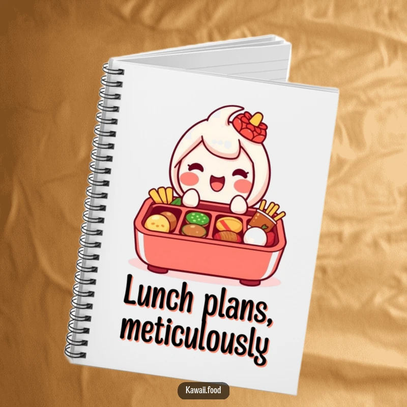 Funny notebook featuring a delighted bento box character with compartments, happily presenting miniature food items inside.