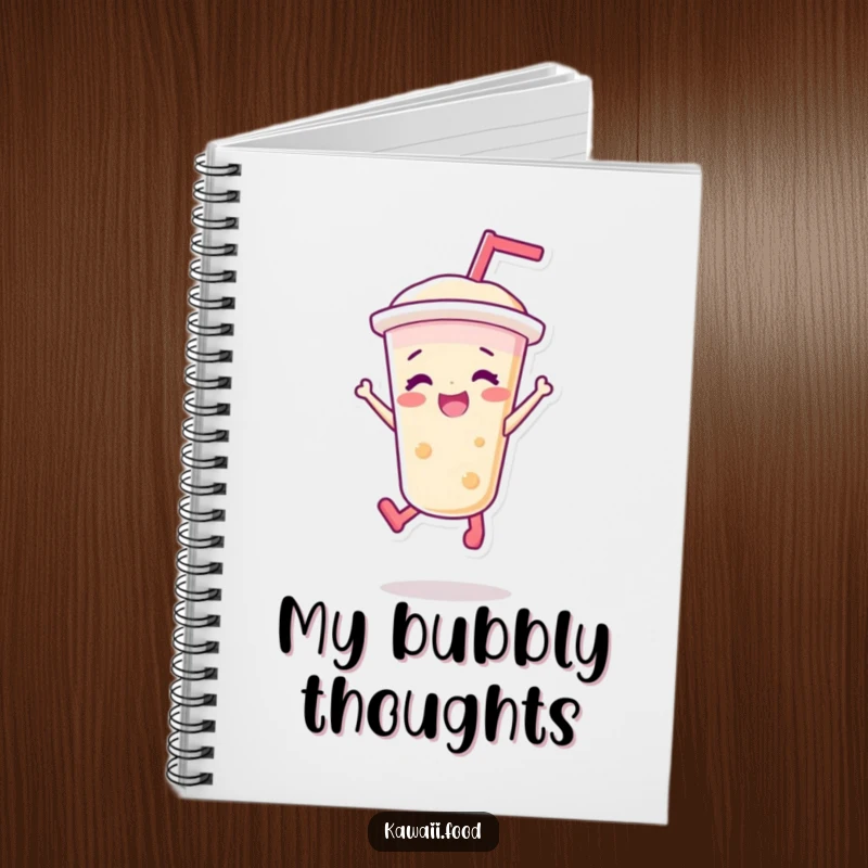 Funny notebook cover with a vibrant bubble tea character in a joyful jump, inspiring creativity and humor for all your writing needs.