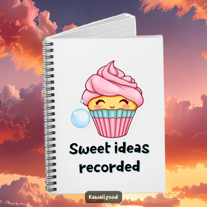 Funny notebook with a cheerful cupcake character with frosting hair, blowing a bubble, designed for jotting down sweet ideas and inspiration.