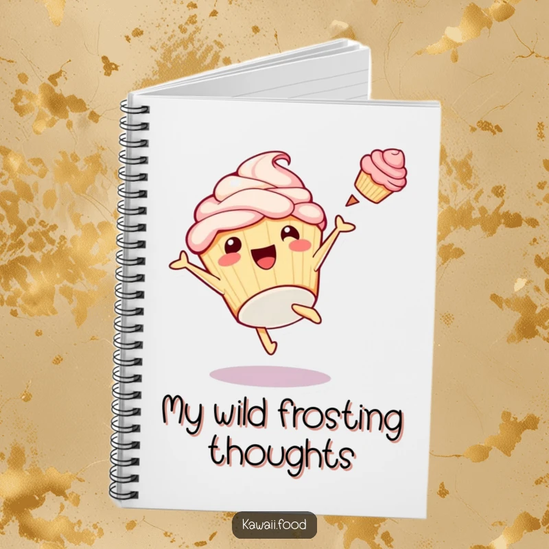 Funny notebook with a playful cupcake character doing a cartwheel with frosting flying, perfect for taking notes or doodling.