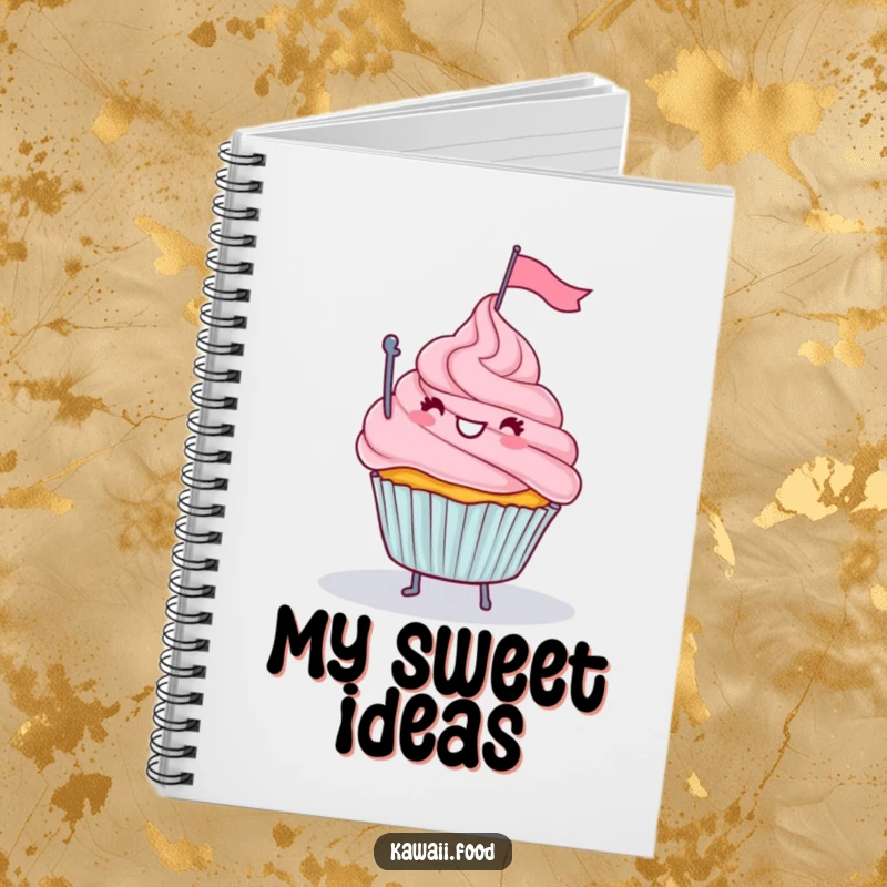 Funny notebook cover with a happy cupcake with legs waving a tiny flag from a frosting mountain, perfect for capturing ideas.