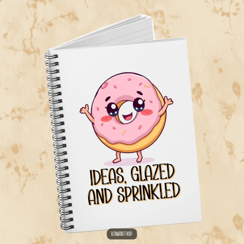 Funny notebook with a cheerful donut with eyes doing a playful dance, ideal for jotting down sweet ideas.