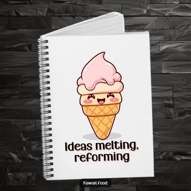 Funny ice cream cone notebook, giggling and melting then reforming, inspiring sweet and humorous thoughts for journaling.