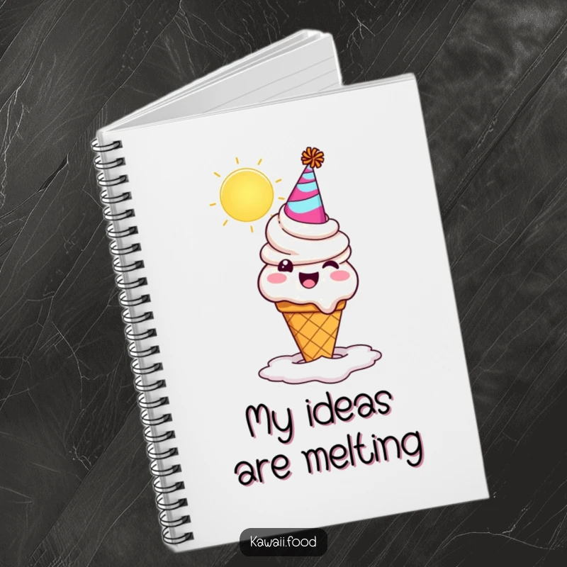 Funny ice cream cone character in a party hat, melting comically under the sun. A cute and funny notebook for note-taking.