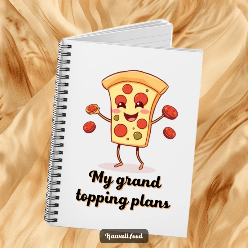 Funny pizza slice with legs juggling pepperoni toppings on a notebook cover, designed to inspire creativity and laughter.