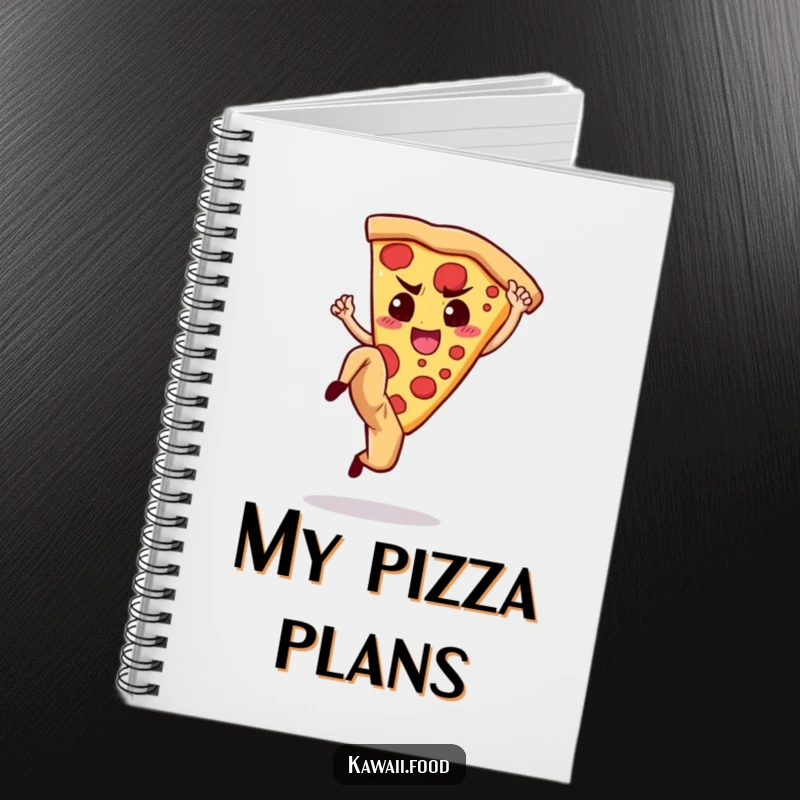 Funny Notebook: Cover art of a determined pizza slice executing a high kick, perfect for notes and plans.