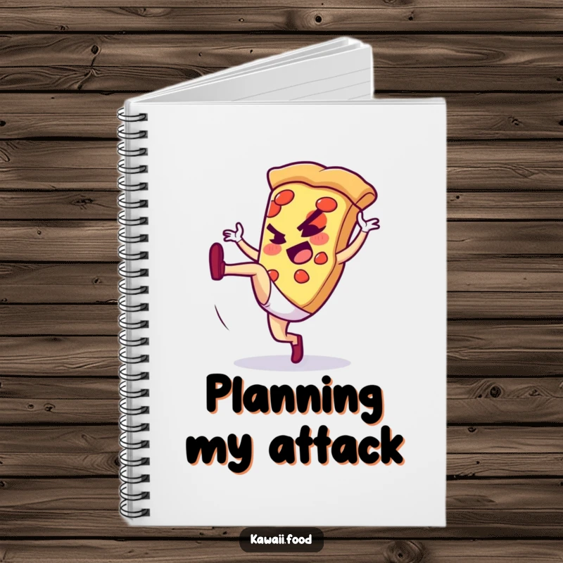 Funny notebook with a pizza slice doing a high kick, perfect for noting down ideas with a dynamic and action-packed theme.