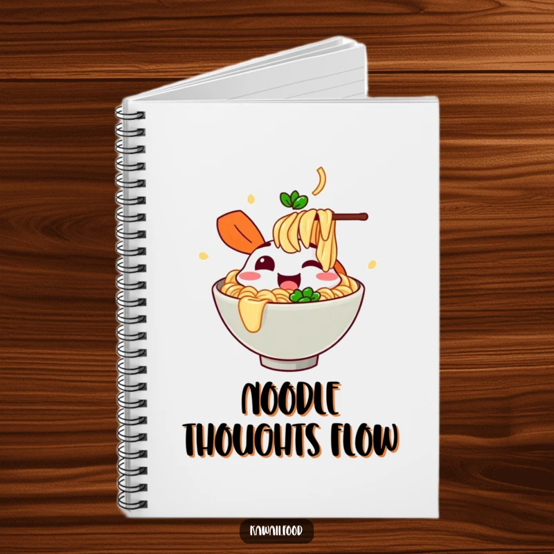 Funny cheerful ramen bowl character slurping imaginary noodles on a notebook cover, inspiring happy thoughts and creative writing.