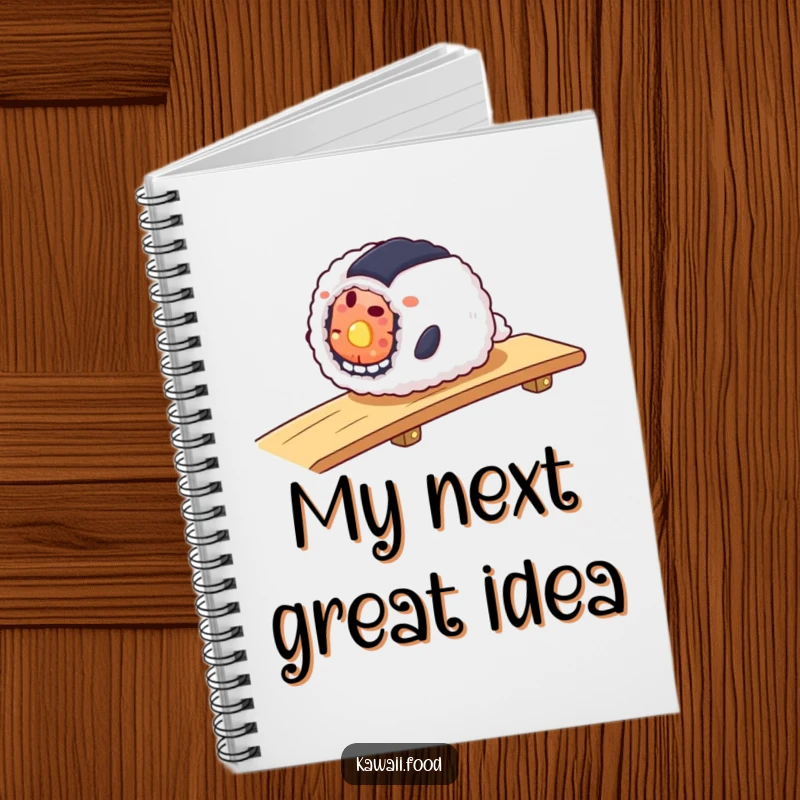 Funny notebook with a smiling sushi roll smoothly sliding down a ramp, ideal for jotting down smooth ideas.