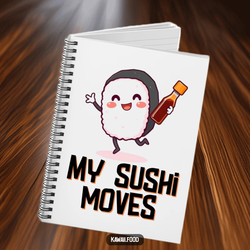 Funny Sushi Roll Notebook: A smiling sushi roll with arms and legs happily dancing with a tiny soy sauce bottle, perfect for jotting down funny thoughts.