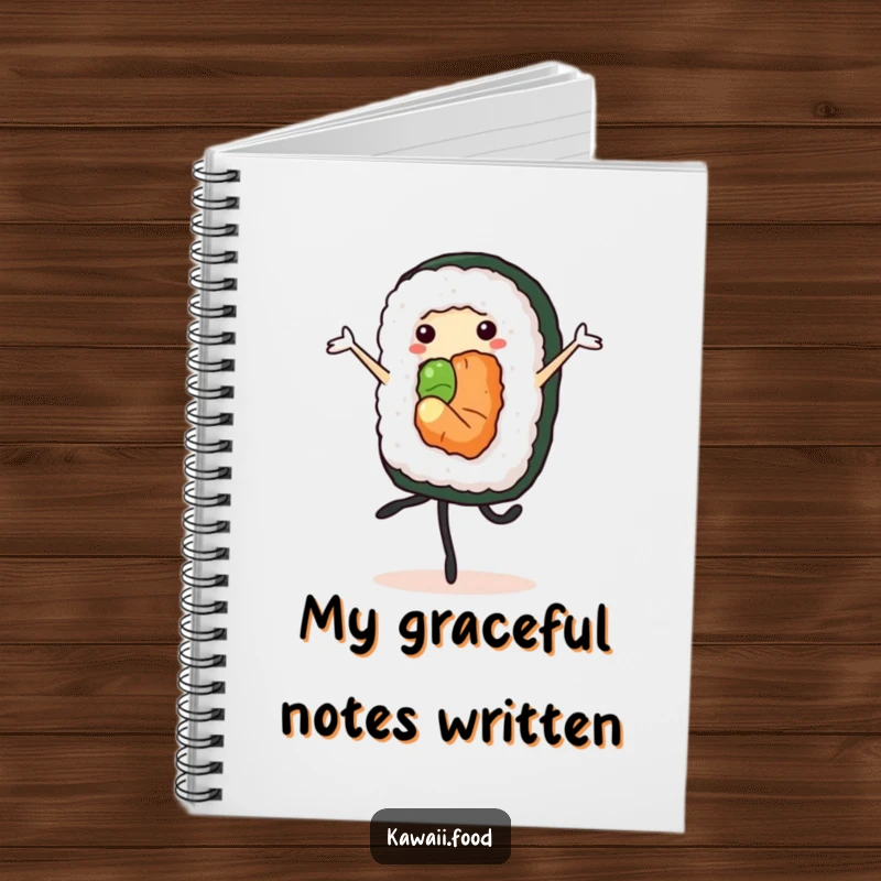 Cheerful sushi roll performing a pirouette, featured on a notebook cover, ideal for jotting down elegant ideas.