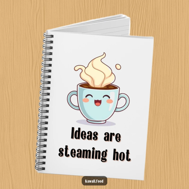 Funny notebook with a cheerful coffee cup character comically overflowing with steam, ideal for jotting down hot thoughts.