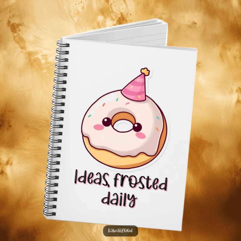 Funny donut character notebook wearing a tiny party hat, a sweet journal for creative ideas, perfect funny gift.