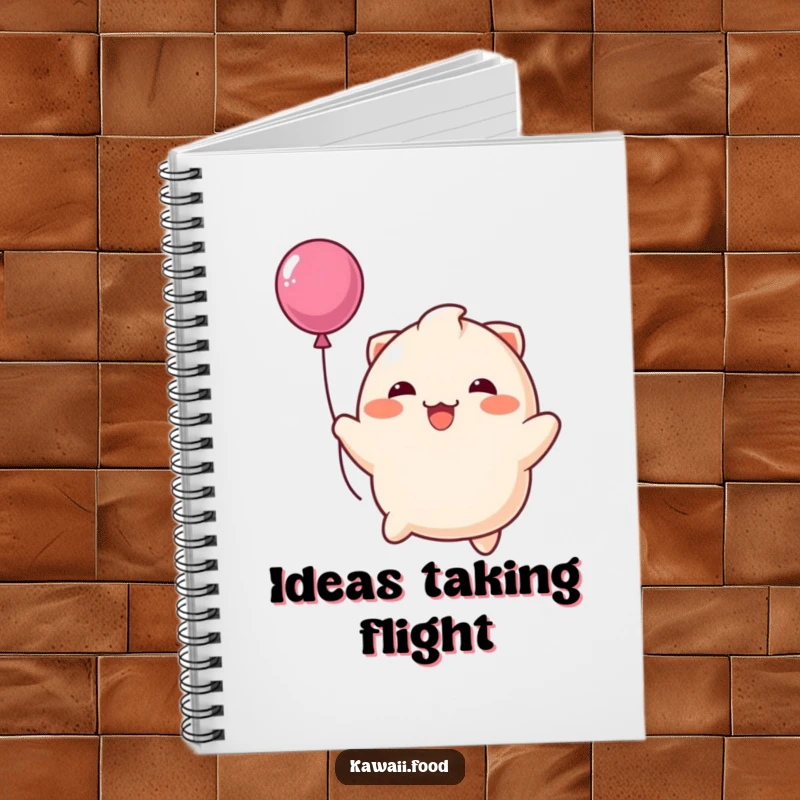 Funny notebook with a happy dumpling playfully bouncing like a balloon, perfect for noting down thoughts with a cheerful and uplifting theme.
