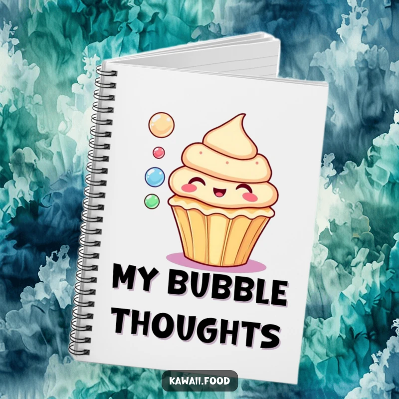 Funny notebook with a delighted cupcake blowing colorful bubbles, designed for note-taking with sweet whimsy.