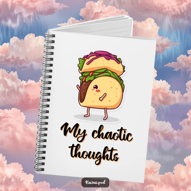 Funny notebook cover with a taco with legs balancing a burrito on its head, perfect for capturing culinary ideas with a smile.