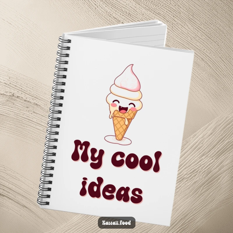Funny notebook with a giggling ice cream cone melting and reforming, designed for note-taking with sweet humor.
