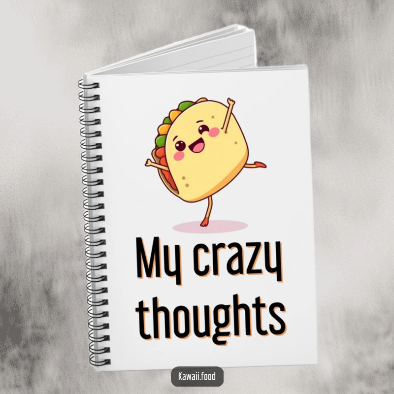 Funny notebook with a taco doing a cartwheel on the cover, designed for jotting down notes with humor.