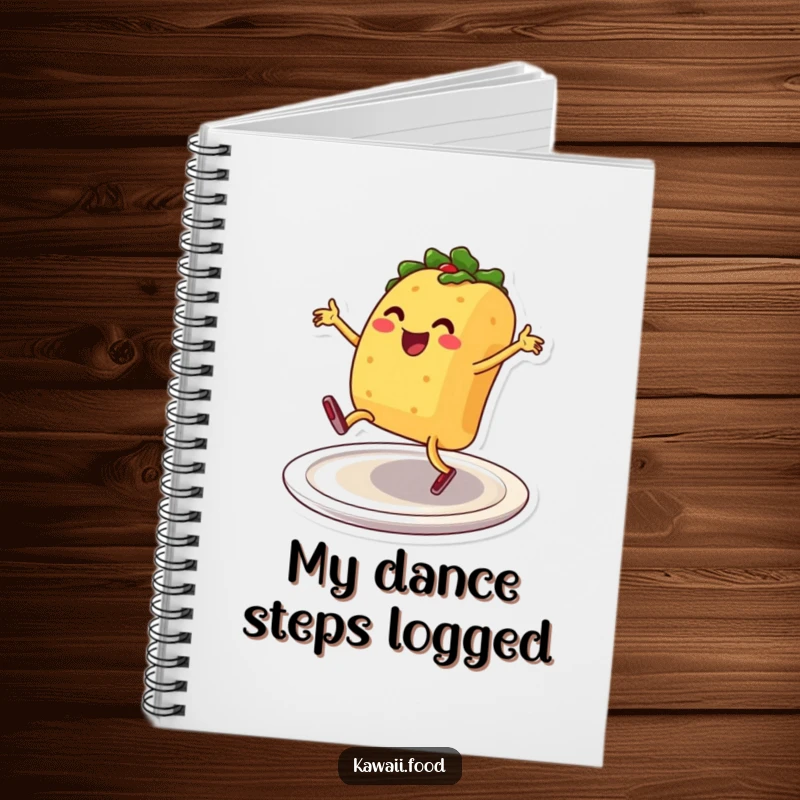 Smiling taco character breakdancing on a plate, featured on a notebook cover, ideal for jotting down energetic ideas.