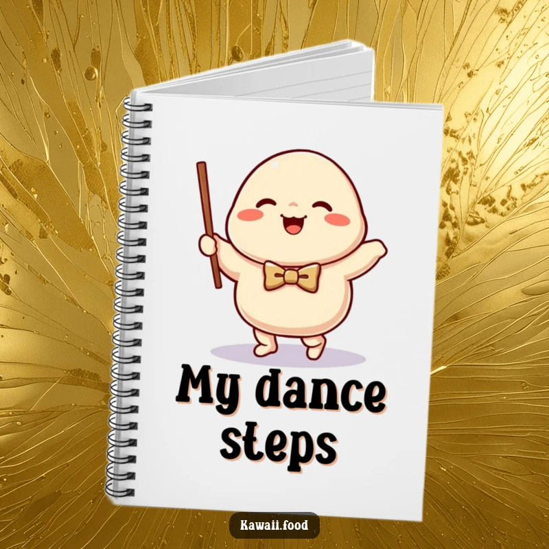 Funny happy dumpling character in a bow tie waltzing with a chopstick, featured on this notebook for a touch of humor.