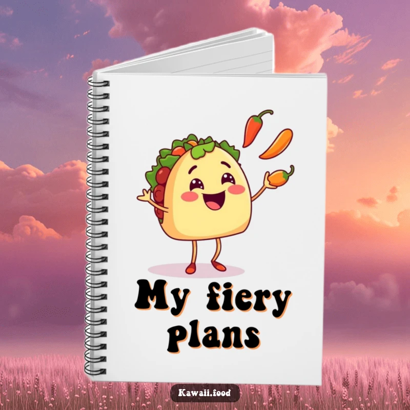 Funny smiling taco character with tiny legs juggling three chili peppers, featured on this notebook for a dose of humor.