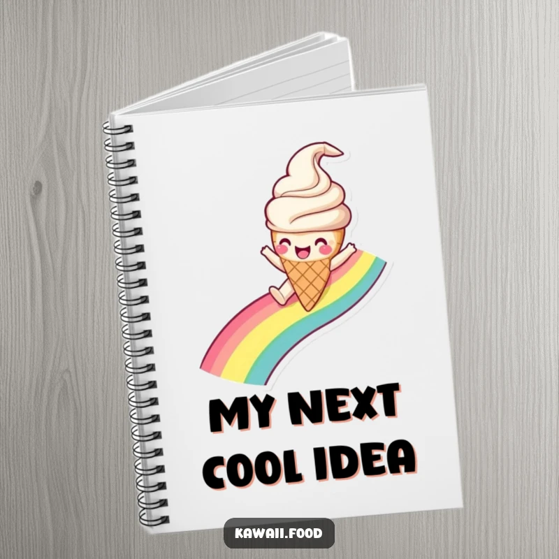 Funny Ice Cream Cone Notebook cover showing a happy ice cream character gleefully sliding down a rainbow, for joyous note-taking.