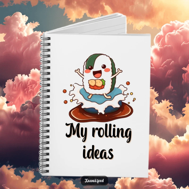Funny notebook cover with a delighted sushi roll with legs riding a wave of soy sauce, perfect for capturing ideas.