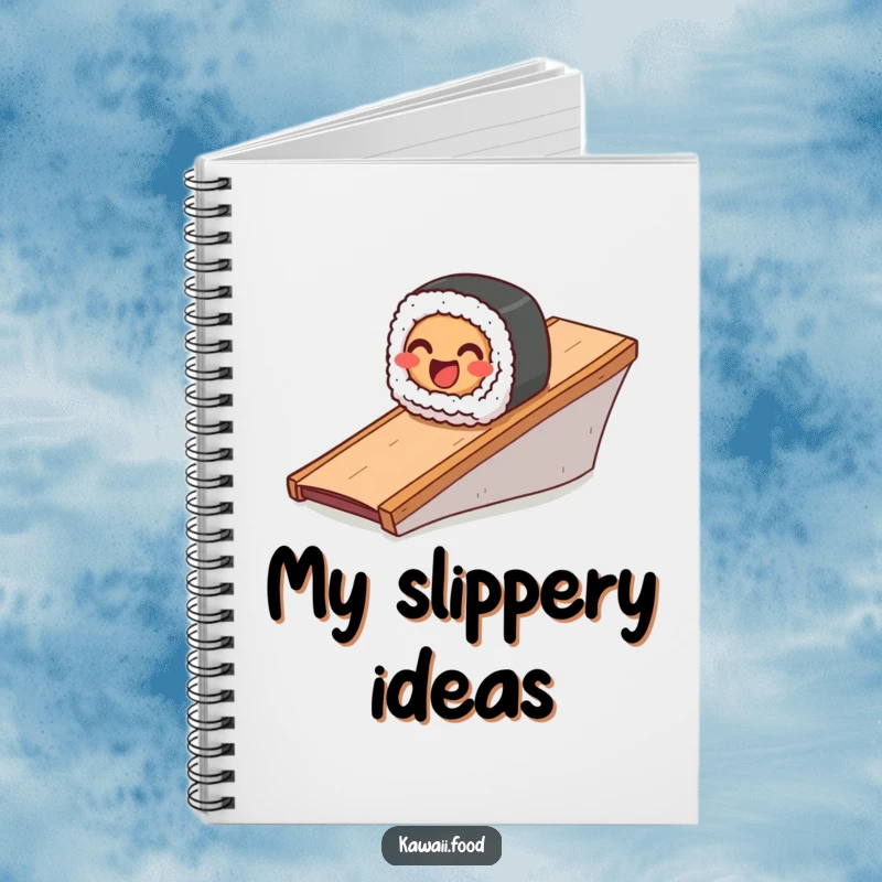 Funny notebook with a smiling sushi roll character sliding down a ramp, designed for creative note-taking.