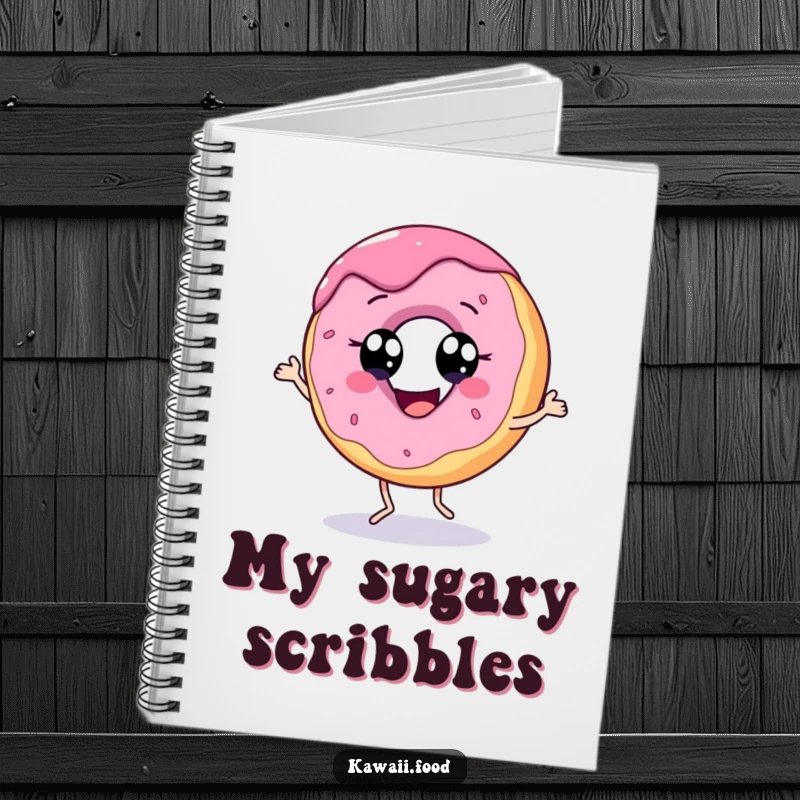Funny notebook with a cheerful donut character dancing, designed for jotting down notes with sweetness and humor.