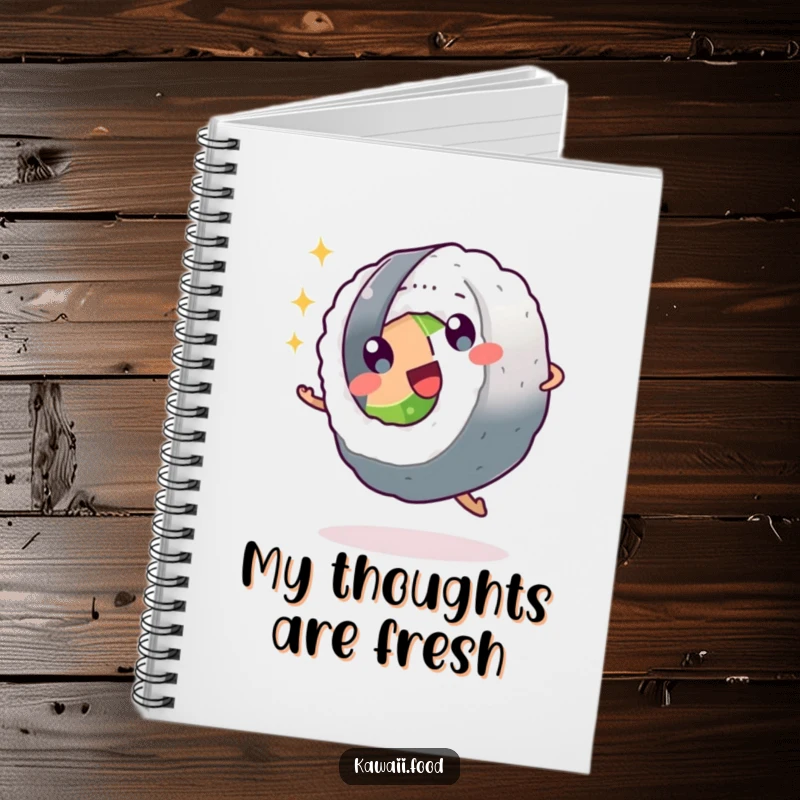 Funny sushi roll character with sparkling eyes doing a cartwheel on a notebook cover, inspiring energetic thoughts and creative writing.