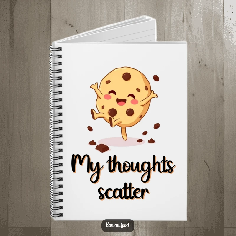 Funny Cookie Cartwheel Notebook cover showing a giggling cookie character doing a cartwheel, chocolate chips scattering, for joyous note-taking.