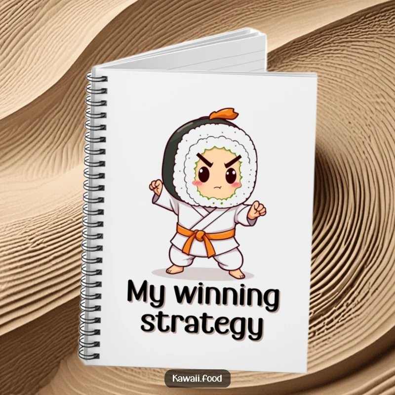 Funny notebook featuring a sushi roll character in a karate belt, executing a decisive chop. Great for organizing thoughts.