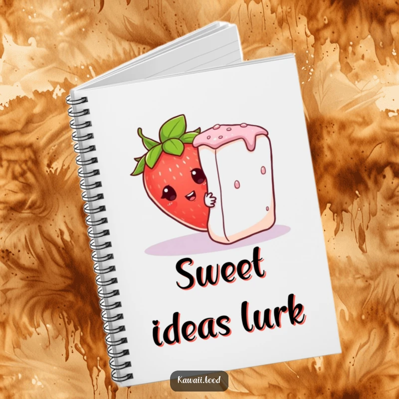 Funny curious strawberry in a leaf hat peeking from behind a large sugar cube, featured on this notebook for a touch of humor.
