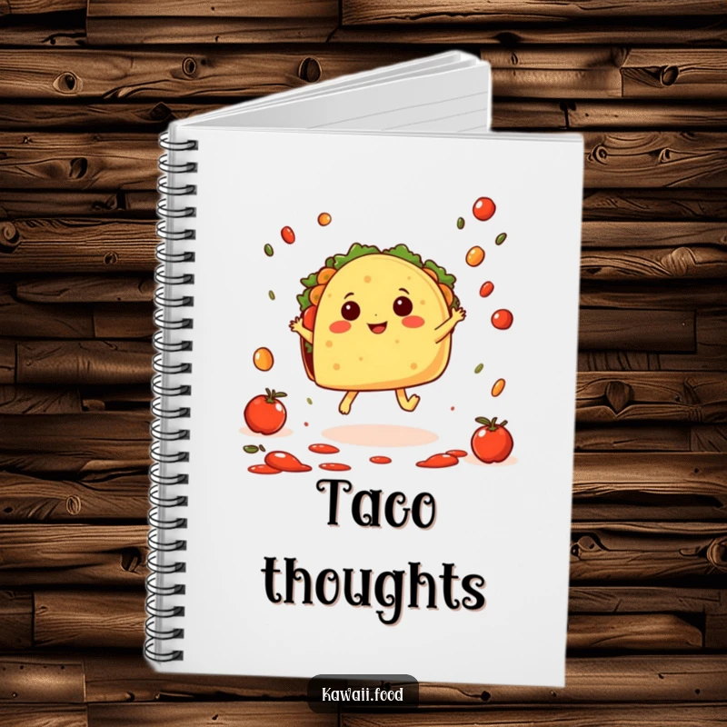 Funny Taco Hop Notebook: A cheerful taco character with tiny feet doing a joyful hop amidst falling salsa, perfect for jotting down festive thoughts.