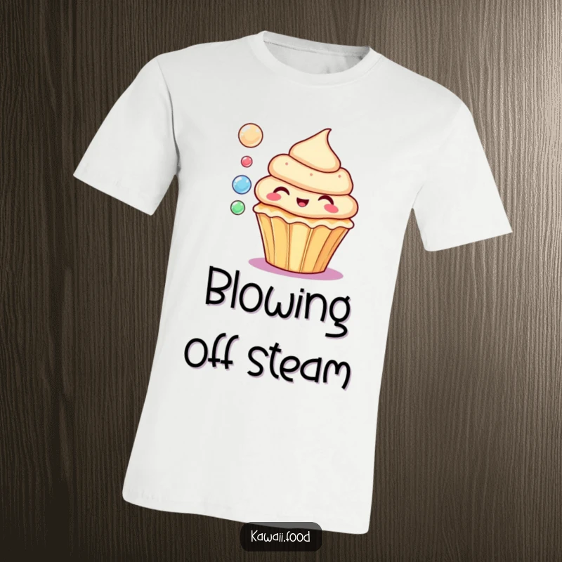 Funny t-shirt depicting a delighted cupcake blowing colorful bubbles, radiating joy and a playful, sweet personality.