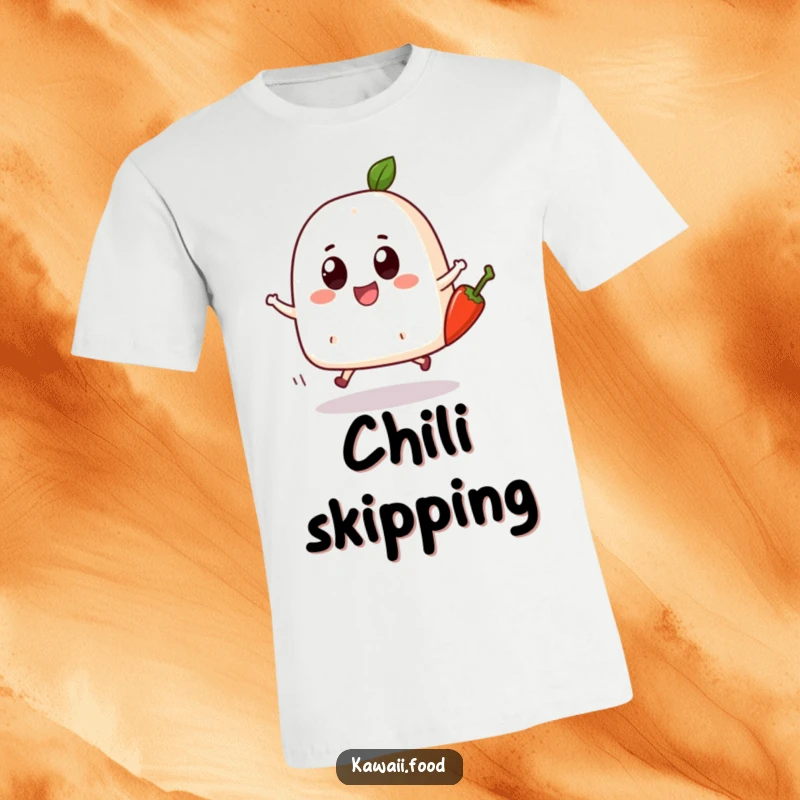 Funny Onigiri Skip T-Shirt: A bouncing onigiri character with big eyes joyfully skipping with a chili pepper, radiating playful spice.