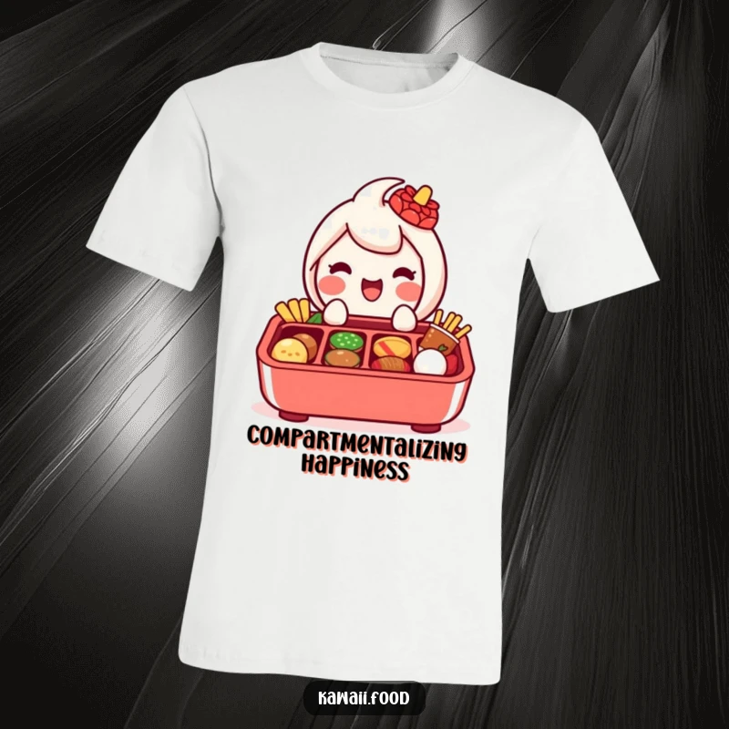 Funny t-shirt showcasing a happy bento box character with sections, proudly displaying tiny, delicious-looking food items.