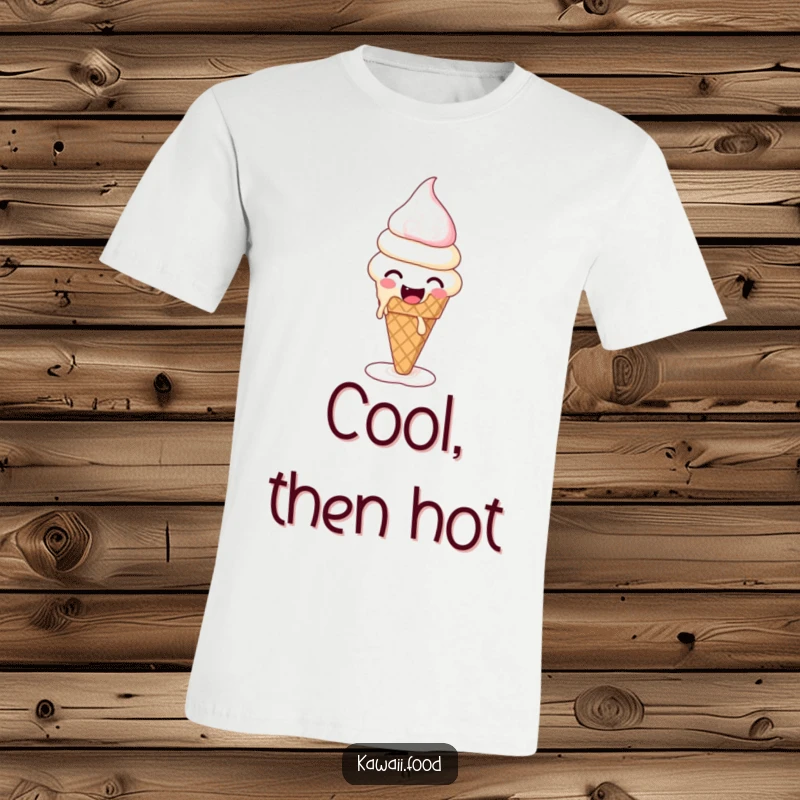 Funny t-shirt depicting a giggling ice cream cone melting and reforming, showcasing a fun and resilient dessert character.