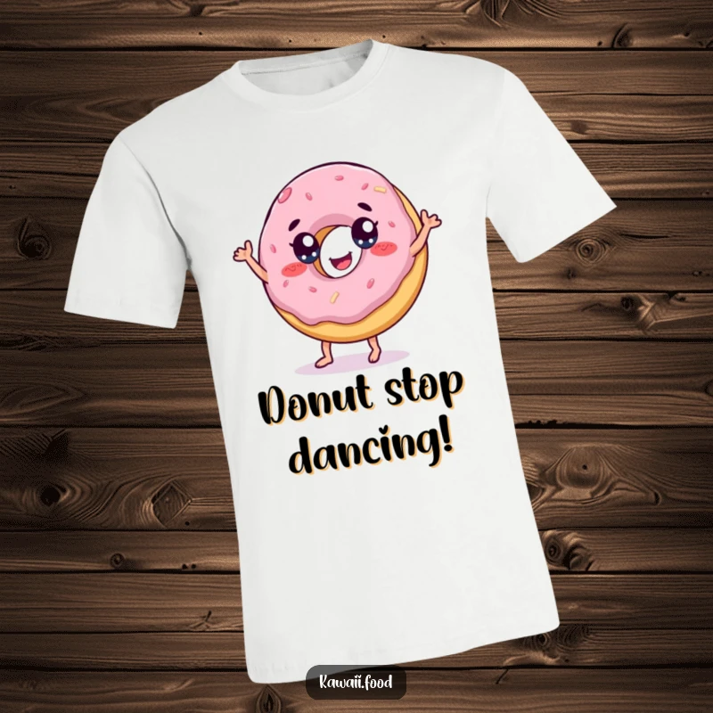 Funny t-shirt showcasing a cheerful donut with eyes engaged in a joyful, playful dance, full of sugary delight.