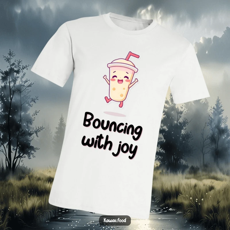 Funny t-shirt showing a vibrant bubble tea character doing a joyful jump, embodying energy, happiness, and a love for sweet beverages.